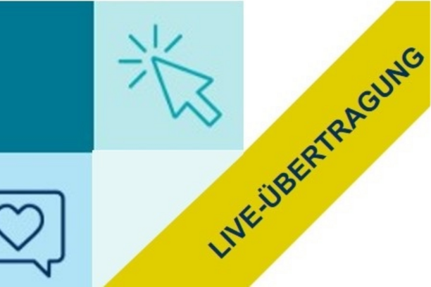 Grafik mit farbigen Symbolen, Schriftzug "Live-Übertragung"