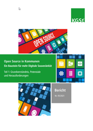 Titel der Broschüre „Open Source in Kommunen. Ein Baustein für mehr Digitale Souveränität. Teil 1: Grundverständnis, Potenziale und Herausforderungen (5/2021)“