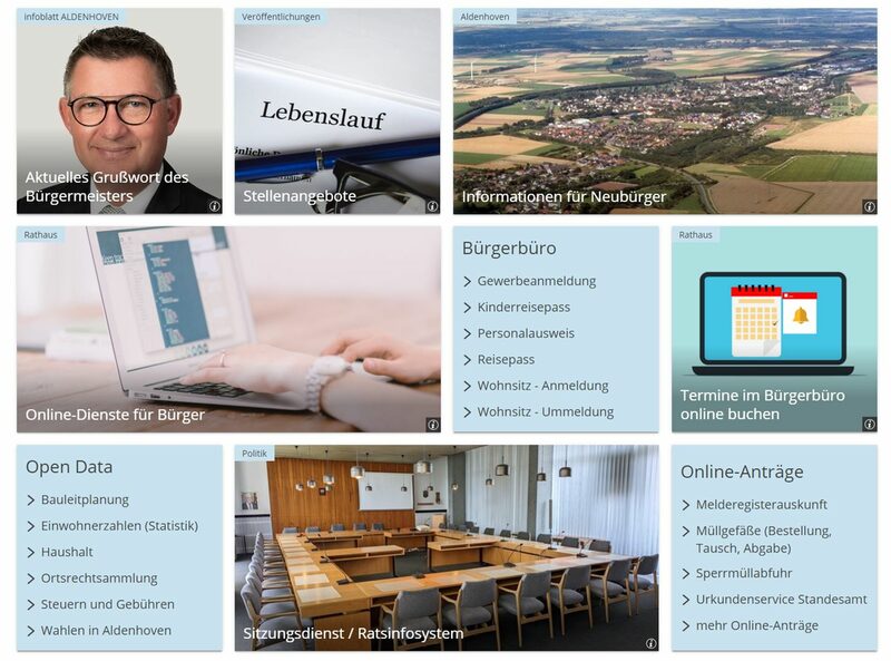 Screenshot der Website der Gemeinde Aldenhoven, 9 verschiedene Kacheln, darunter Fotokacheln u.a. mit einem Porträt des Bürgermeisters, und Textkacheln mit diversen Dienstleistungen der Verwaltung
