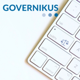Logo GOVERNIKUS mit drei Punkten in Blau, rechts diagonal weiße Tastatur mit beBPo-Taste und Waage-Icon
