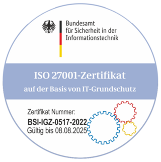 BSI: ISO 27001-Zertifikat auf der Basis von IT-Grundschutz. Zertifikat gültig bis 08.08.2025