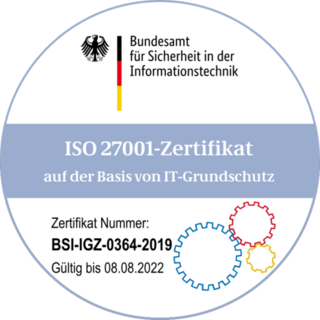 BSI: ISO 27001-Zertifikat auf der Basis von IT-Grundschutz. Zertifikat gültig bis 08.08.2022