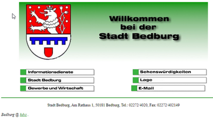 Internetauftritt der Stadt Bedburg 1998: Schriftzug "Willkommen bei der Stadt Bedburg", Wappen, 6 beschriftete Schaltflächen vor grünem Farbverlauf