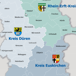Ausschnitt aus einer Karte des Verbandsgebietes kdvz Rhein-Erft-Rur mit drei Kreiswappen