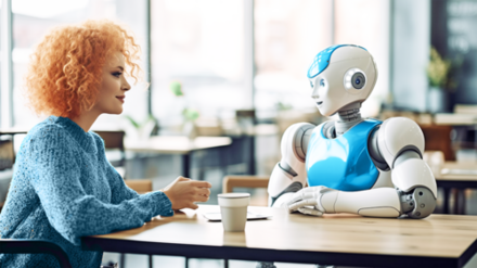 Eine Frau sitzt am Tisch mit einem KI-Roboter
